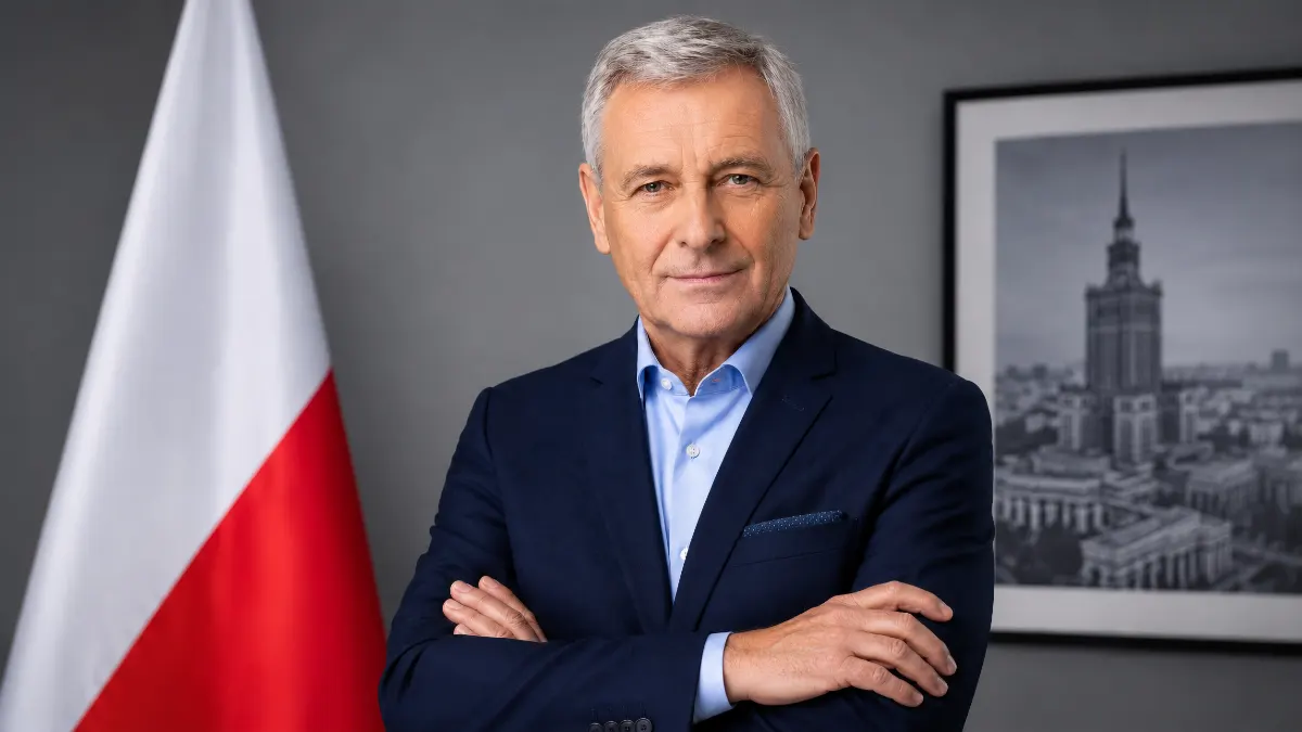 Profesor Andrzej Zybertowicz w ciemnym garniturze ze skrzyżowanymi ramionami