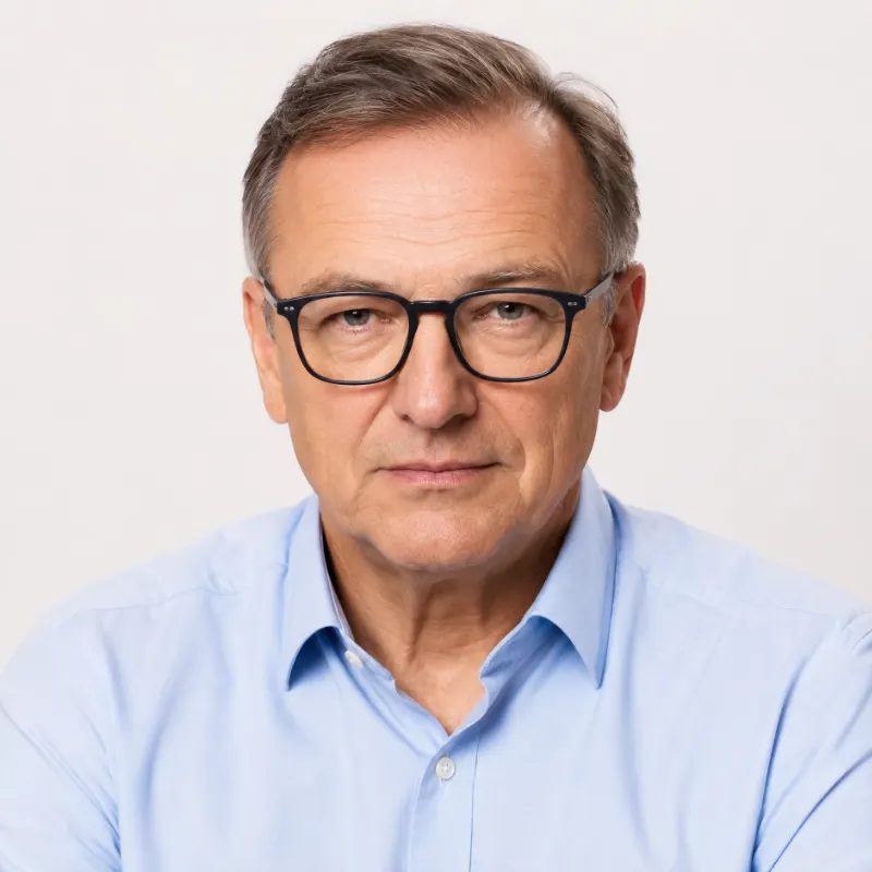 Portret dziennikarza Marka Lewandowskiego w koszuli na jasnym tle