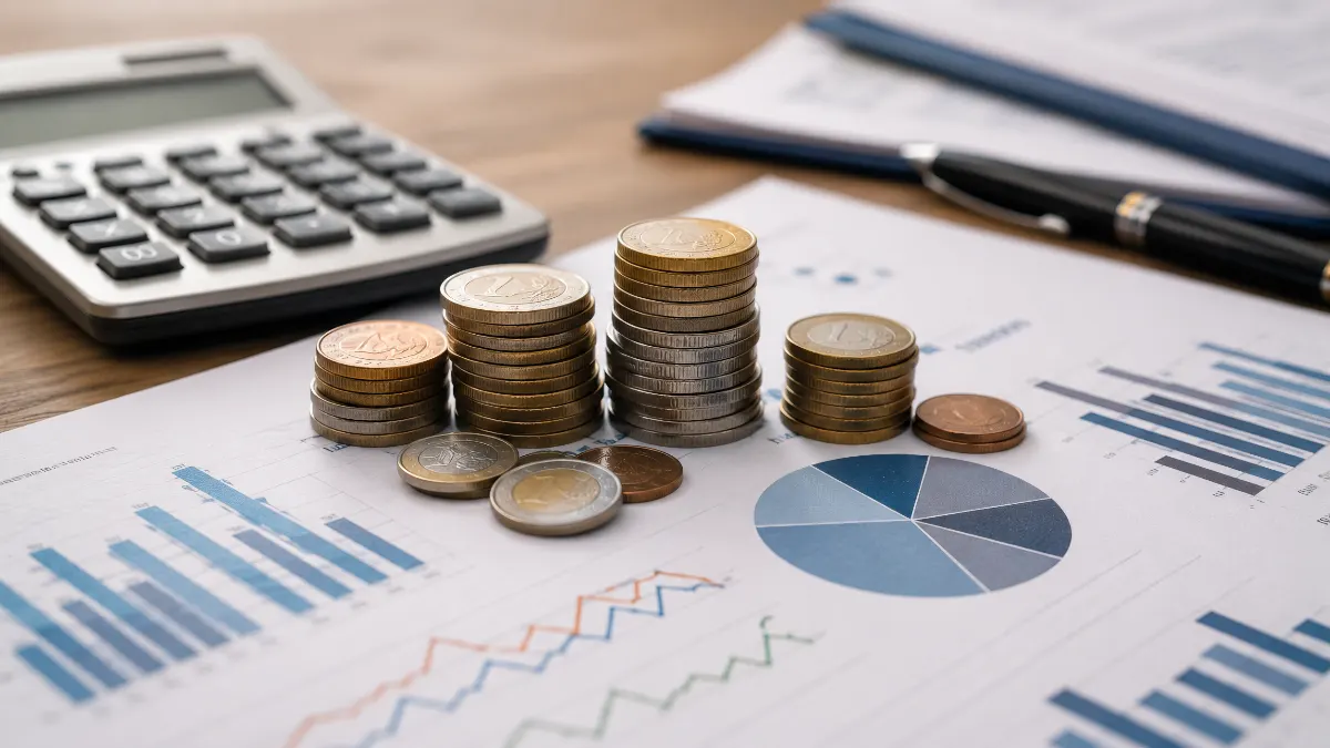 Monety i wykresy finansowe na biurku obok kalkulatora